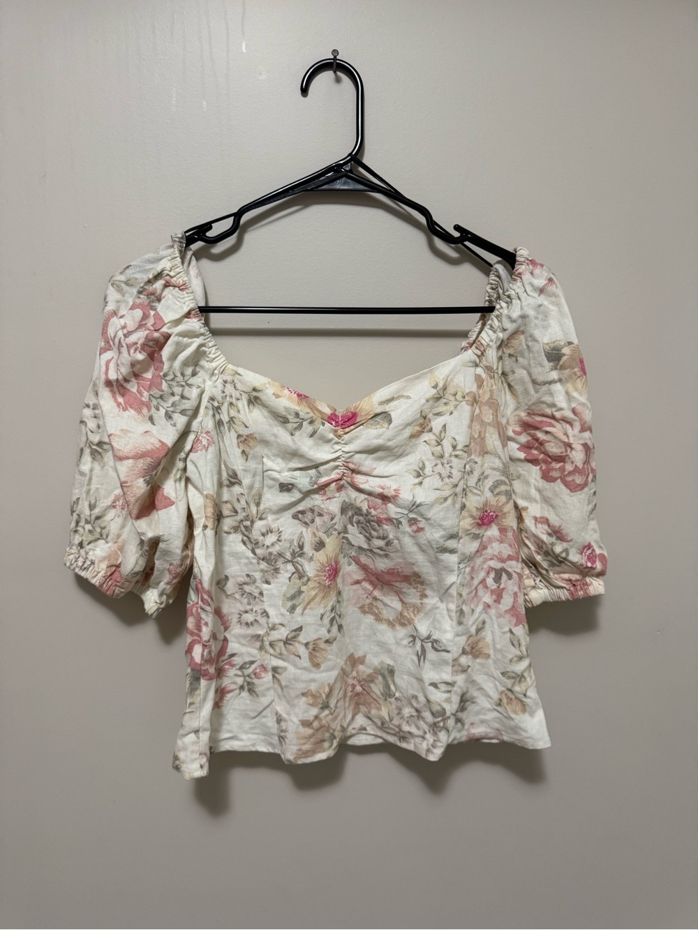 H&M Romantic Women's Floral Puff-Sleeve Square Neck Top - Pink/Cream